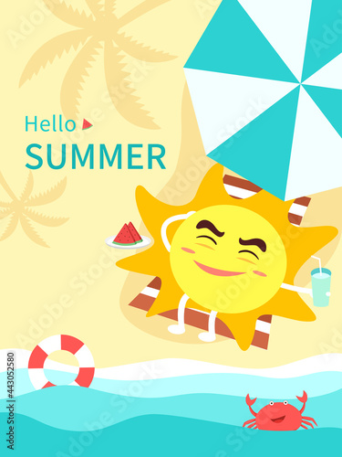 Summer holiday illustration. Cute sun cartoon is sunbathing on the beach.