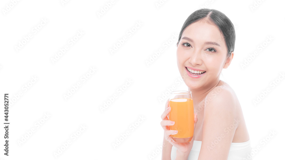 Beautiful beauty Asian woman cute girl feel happy drinking orange juice for good health on white background - lifestyle beauty woman healthy concept Beautiful beauty Asian woman cute girl feel happy drinking orange juice for good health on white background - lifestyle beauty woman healthy concept