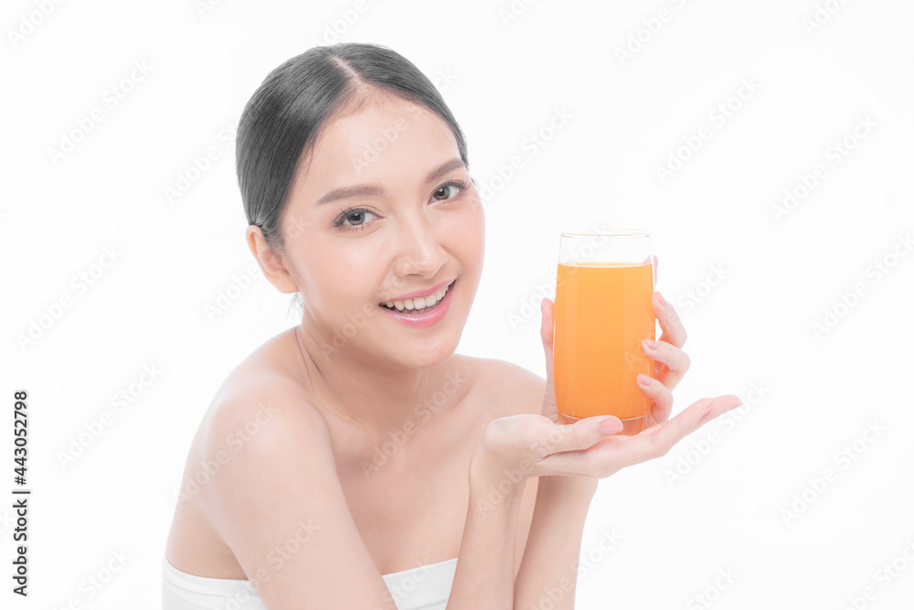 Beautiful beauty Asian woman cute girl feel happy drinking orange juice for good health on white background - lifestyle beauty woman healthy concept Beautiful beauty Asian woman cute girl feel happy drinking orange juice for good health on white background - lifestyle beauty woman healthy concept