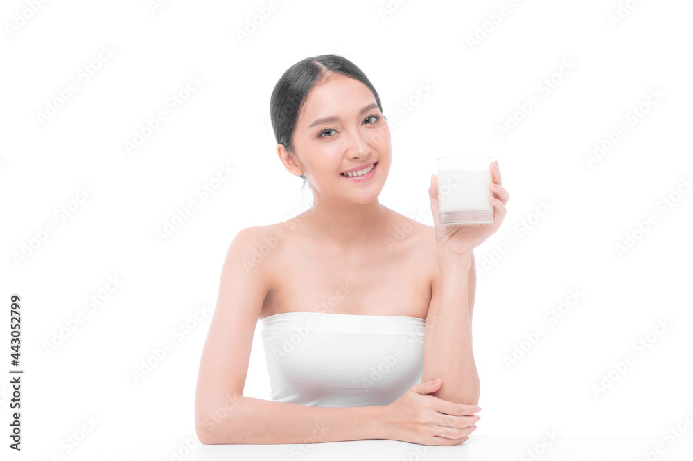 beauty woman Asian cute girl feel happy drinking milk for good health in the morning on white background - lifestyle beauty woman concept beauty woman Asian cute girl feel happy drinking milk for good health in the morning on white background - lifestyle beauty woman concept