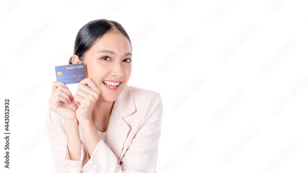 Business Asian woman showing credit card for payment shopping online , paying by credit card online shopping e-commerce telemarketing concept Business Asian woman showing credit card for payment shopping online , paying by credit card online shopping e-commerce telemarketing concept
