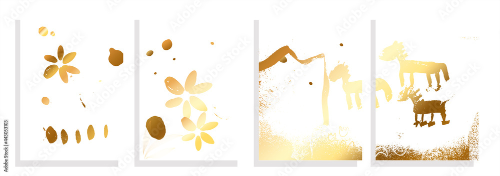 set of banners with horse simple style drawing,golden texture