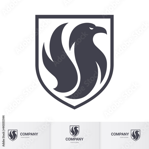Creative Dark Eagle Logo Inside Shield. Concept Inspiration Template. Modern Professional Hawk Logo Design. Phenix Head Logo Illustration