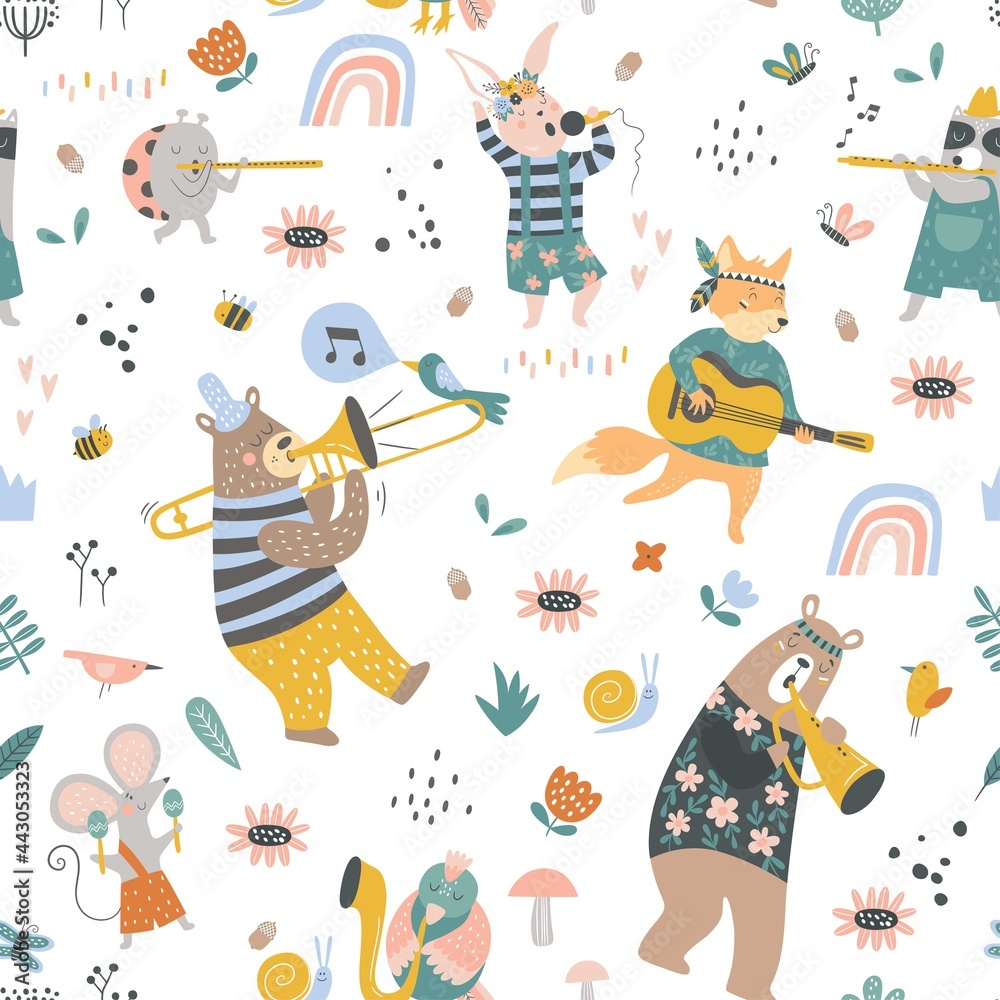 Naklejka premium Seamless childish pattern with cartoon fox, bear, raccoon, deer, bunny, squirrel, mouse playing on different instruments. Creative kids texture for fabric, wrapping, textile, wallpaper, apparel.