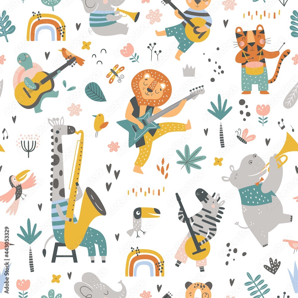 Animals playing instruments for children's fabrics
