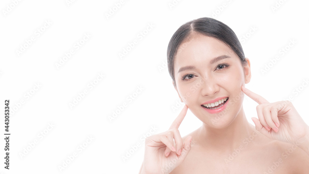 Beautiful young Asian woman smile and touching her face with clean skin , Fresh skin , on white background - Facial treatment , Cosmetology , beauty and spa concept Beautiful young Asian woman smile and touching her face with clean skin , Fresh skin , on white background - Facial treatment , Cosmetology , beauty and spa concept