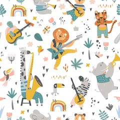 Fototapete Dschungelmuster fürs Kinderzimmer Musizierende Dschungeltiere Kindermuster  © Angelina De Sol