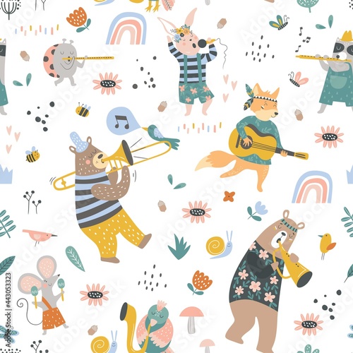 Seamless childish pattern with cartoon fox  bear  raccoon  deer  bunny  squirrel  mouse playing on different instruments. Creative kids texture for fabric  wrapping  textile  wallpaper  apparel.