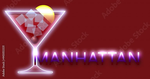 animated glass of manhattan cocktail on red background with ice