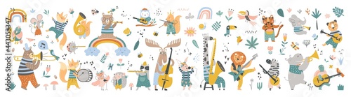 Izolowany zestaw z uroczymi zwierzętami grającymi na różnych instrumentach muzycznych w stylu skandynawskim Zwierzęta z kreskówek grające muzykę Idealny