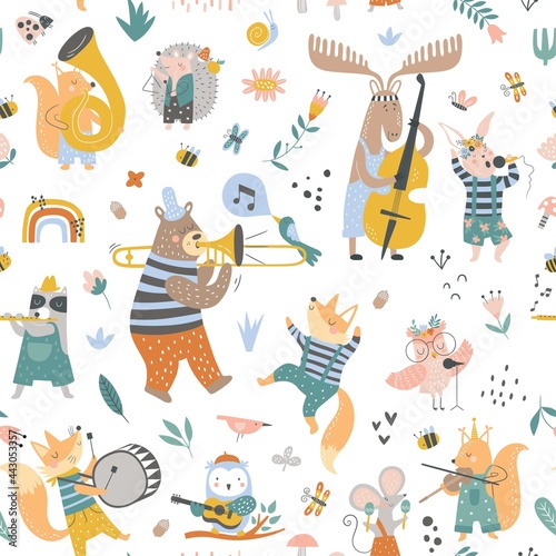 Seamless childish pattern with cartoon fox, bear, racoon, ladybird, bunny, mouse playing on different instruments. Creative kids texture for fabric, wrapping, textile, wallpaper, apparel. Vector illus