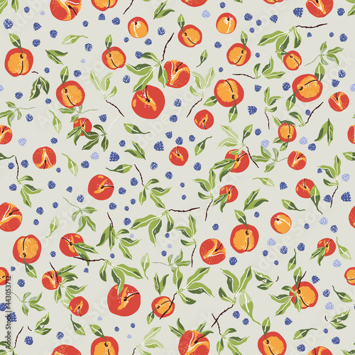 Background pattern of peaches on a light green background.