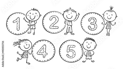 Stick figure. Counting numbers with kids. Outline clipart