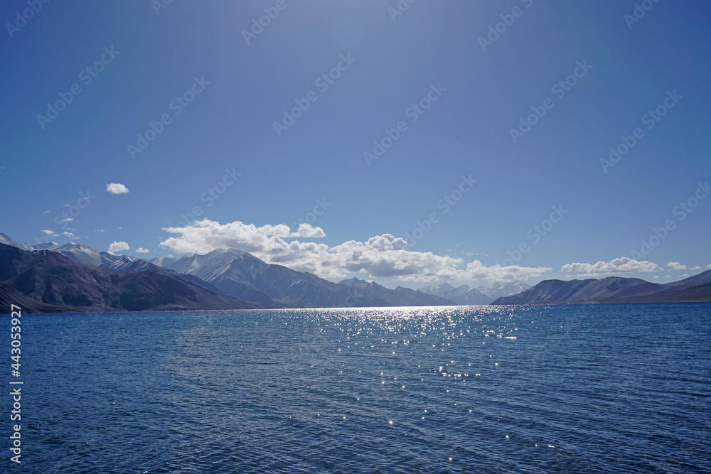 Lakescape Nature Scene of Pangong tso or Pangong Lake with mountain background is best famous destination at Leh Ladakh ,Jammu and Kashmir , India Lakescape Nature Scene of Pangong tso or Pangong Lake with mountain background is best famous destination at Leh Ladakh ,Jammu and Kashmir , India