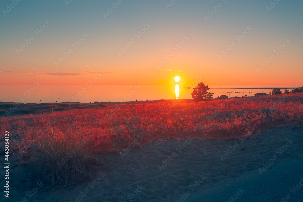 Sunset sea view from Kalajoki, Finland. Dawn beach nature photo background.
