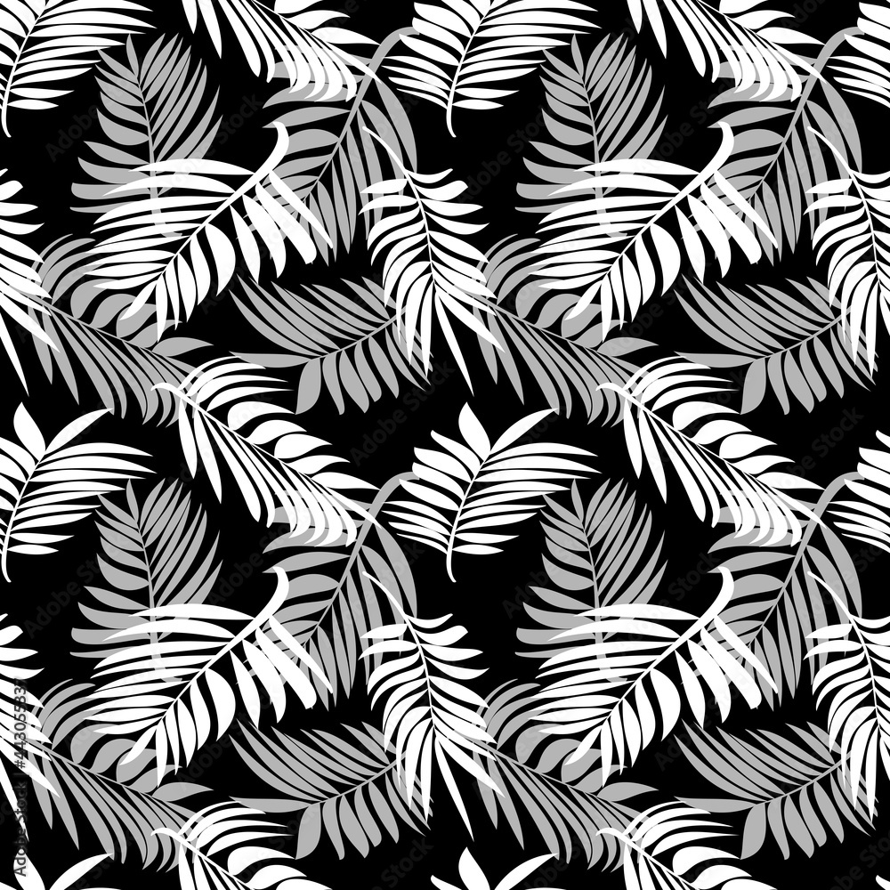 Tropical palm leaves. Seamless modern pattern with exotic plants for textiles, fashionable fabrics, bed linen, decorative pillows, photo wallpaper, interior design. White and black. Tropical palm leaves. Seamless modern pattern with exotic plants for textiles, fashionable fabrics, bed linen, decorative pillows, photo wallpaper, interior design. White and black.