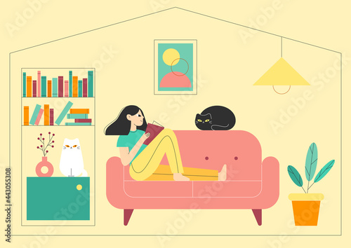 Woman reading a book at home with two cats, black and white. Stay at home concept illustration. Cozy living room with home library. Vector graphics. 