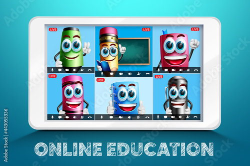 Online education school video conference vector design. Online education text with learning characters in tablet digital device screen for live virtual class meeting and e-learning study.