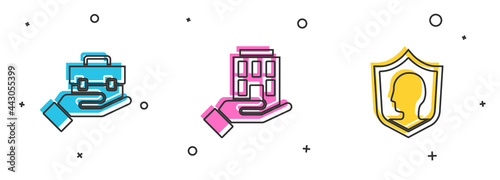 Set Hand holding briefcase, House hand and Life insurance with shield icon. Vector