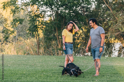Photography Couple talking with each other walking with their two dogs in a park