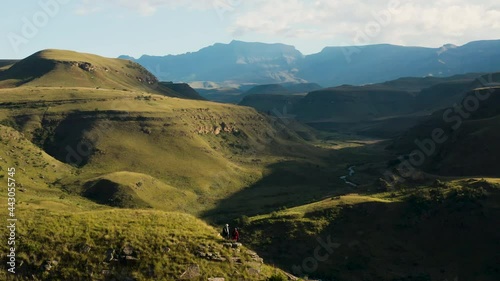 Aerial circular view of tourists standing and admiring the Bushman's River at Giant's Castle, Drakensberg, KwaZulu-Natal,South Africa