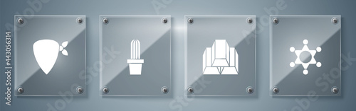 Set Hexagram sheriff, Gold bars, Cactus peyote in pot and Cowboy bandana. Square glass panels. Vector