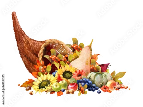 Watercolor Fall Cornucopia clipart. Autumn Harvest Clip Art, Thanksgiving Day art photo