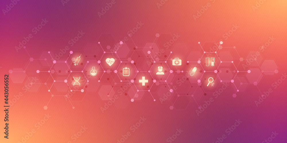Fototapeta premium Illustration of healthcare and technology concepts with flat icons and symbols. Template design for health care business, innovation medicine, pharmaceutical industry, science, medical research