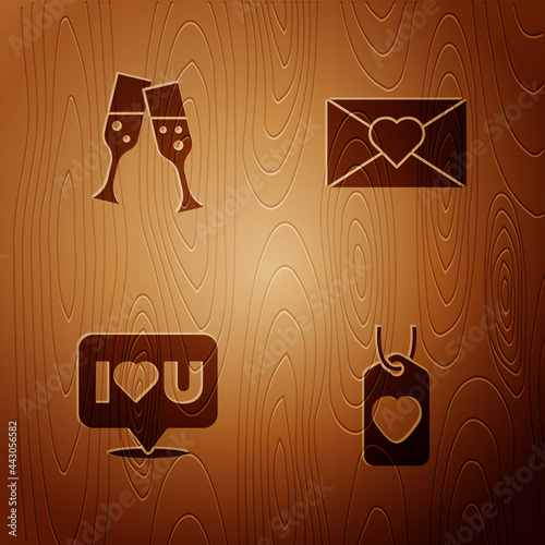 Set Heart tag, Glass of champagne, Speech bubble with I love you and Envelope Valentine heart on wooden background. Vector