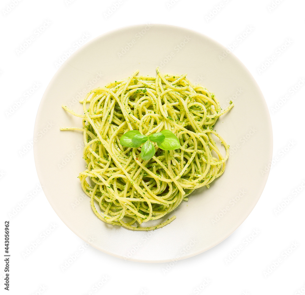 Plate with tasty pesto pasta on white background