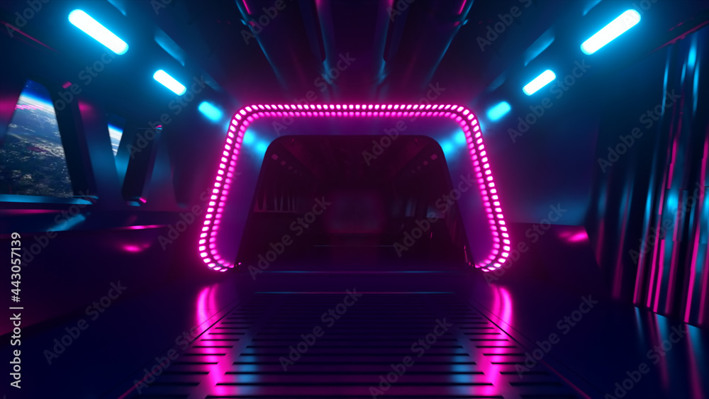 Sci-fi tunnel in outer space with neon light. Planet Earth outside the ...