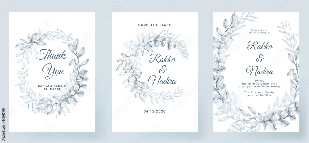 wedding invitation elegant simple white with greenery watercolor pastel leaf decoration
