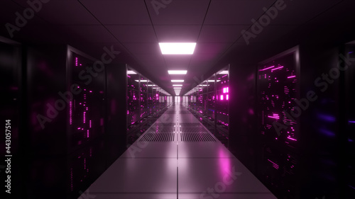 Digital data transmission to data servers behind glass panels in a data center server room. High speed digital lines. 3d illustration