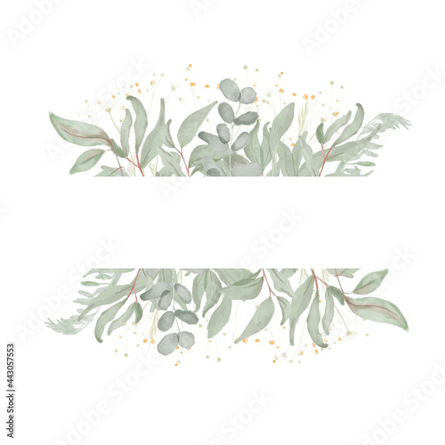 Watercolor composition with twigs on white background. Frame, border, wreath. Greeting card, poster, banner with space for text. © ku4erashka