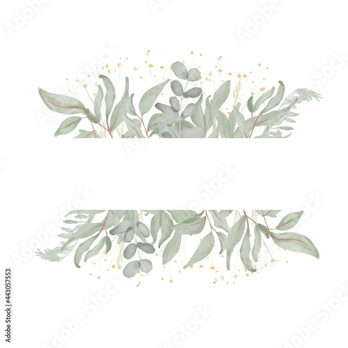 Watercolor composition with twigs on white background. Frame, border, wreath. Greeting card, poster, banner with space for text.
