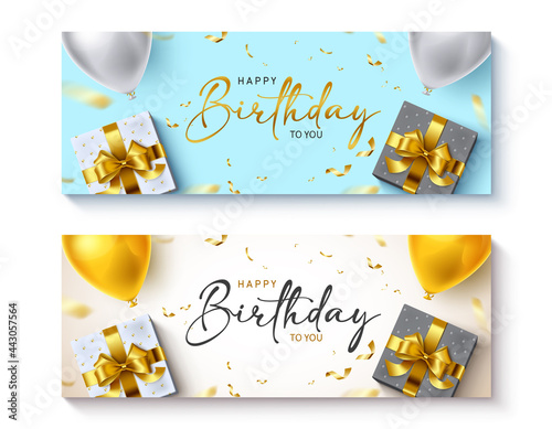 Happy birthday vector banner set. Happy birthday to you text greeting card collection with balloons, gifts and confetti party elements for birth day surprise celebration design. Vector illustration
