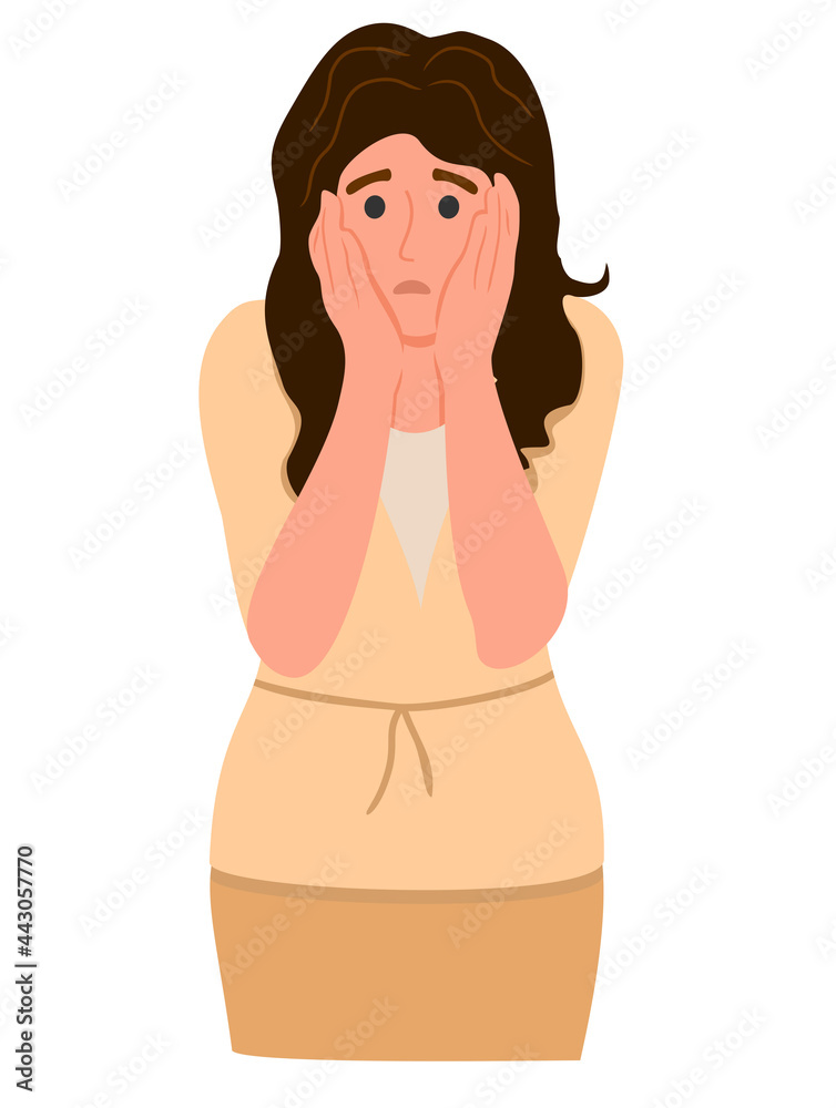 Surprised and shocked woman with a scared face expression clutching her head in panic. Negative emotion of female character. Colored flat vector illustration isolated on white background Surprised and shocked woman with a scared face expression clutching her head in panic. Negative emotion of female character. Colored flat vector illustration isolated on white background