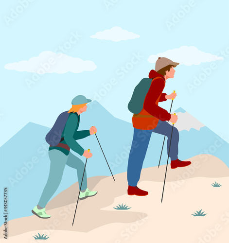 Vector background with tourists. Woman and man couple hiking in mountains. Travel concept of discovering, exploring and observing nature. Travelling, tourism, mountaineering, activity, adventure.