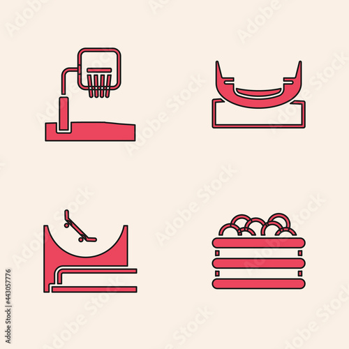 Set Pool with balls, Basketball backboard, Boat swing and Skate park icon. Vector