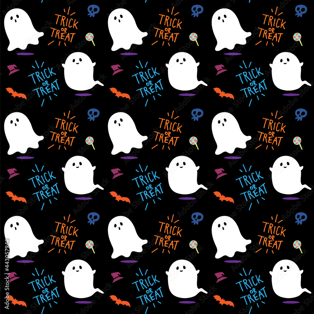 Trick or Treat. Halloween cute ghost illustration. Seamless pattern on black background. Trick or Treat. Halloween cute ghost illustration. Seamless pattern on black background.
