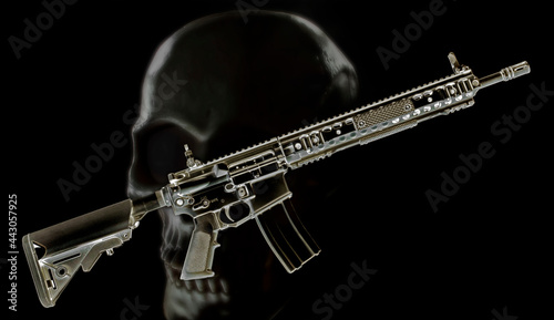 3D rendering of a home made assault rifle with a skull behind on black