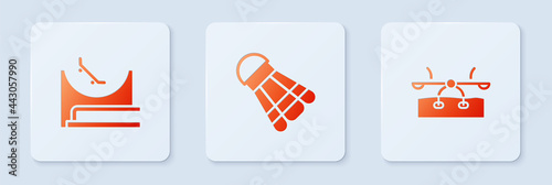 Set Badminton shuttlecock, Skate park and Seesaw. White square button. Vector