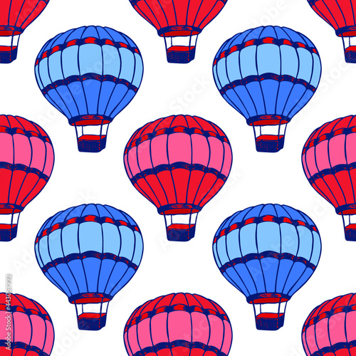 Red blue hot air balloon isolated vector seamless pattern graphic design. Hotair baloon aircraft with basket. Hot air balloons aerostat flotilla childish illustration. Sport travelling print