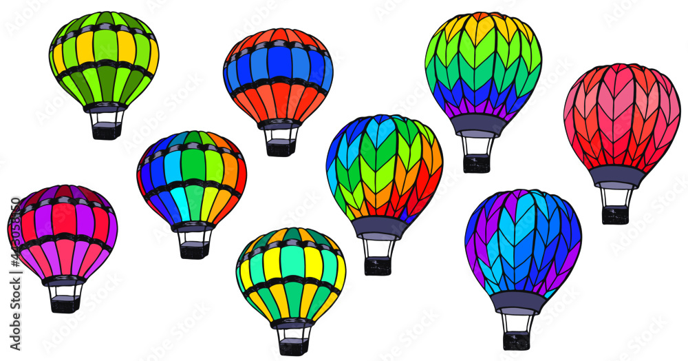 Hot air balloons vector illustration set. Hotair baloons of different colors isolated on white. Vector hot air balloons collection in hand-drawn style. Vivid festival airship flotilla. Sport transport