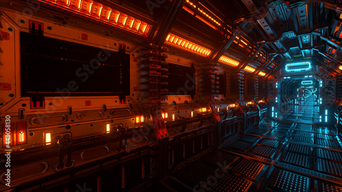 Flying into spaceship tunnel, sci-fi spaceship corridor. Futuristic technology for technical titles and backgrounds. Internet traffic graphics, speed. 33d illustration photo
