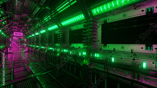 Flying into spaceship tunnel, sci-fi spaceship corridor. Futuristic technology for technical titles and backgrounds. Internet traffic graphics, speed. 33d illustration