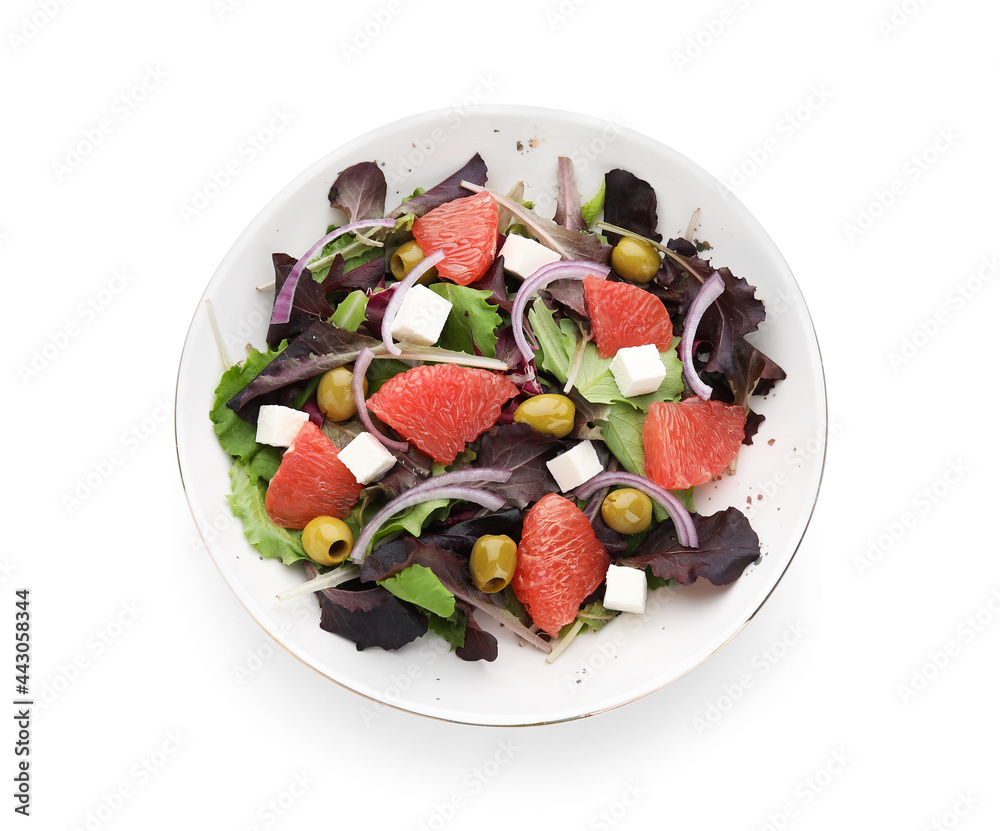 Plate with tasty grapefruit salad on white background Plate with tasty grapefruit salad on white background