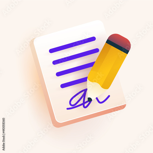 Vector banner for online form or agreement. Agreement paper with signature and pen. Modern illustration with gradients and bright colours for web.