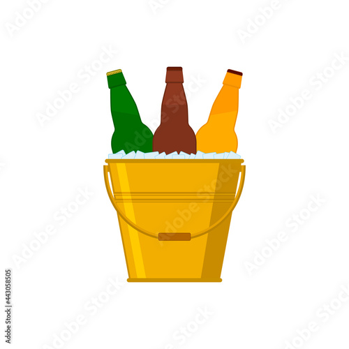 Beer bottles in a metal golden bucket with ice cubes. Vector colored picture and icon on white background.