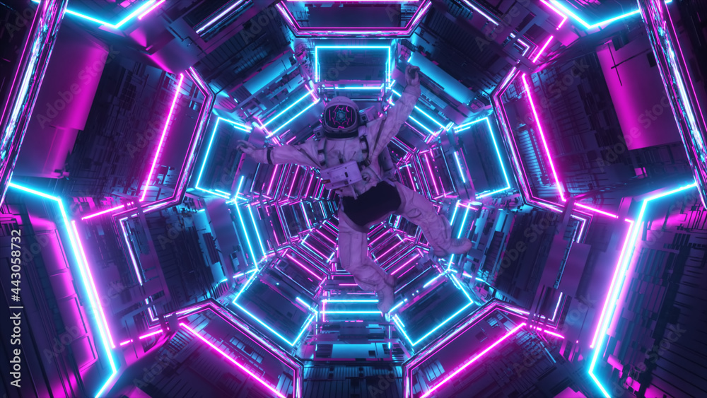 Astronaut falling in the corridor of a spaceship. Sci-Fi futuristic space tunnel VJ for titles and background. Neon light. 3d illustration Astronaut falling in the corridor of a spaceship. Sci-Fi futuristic space tunnel VJ for titles and background. Neon light. 3d illustration